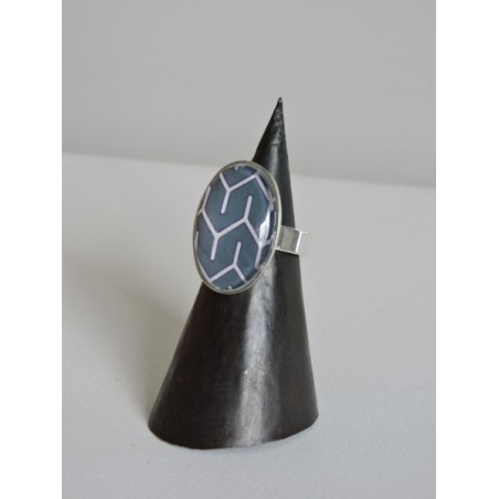 Bague ovale en verre - labyrinthe bleu/gris - Madame Framboise