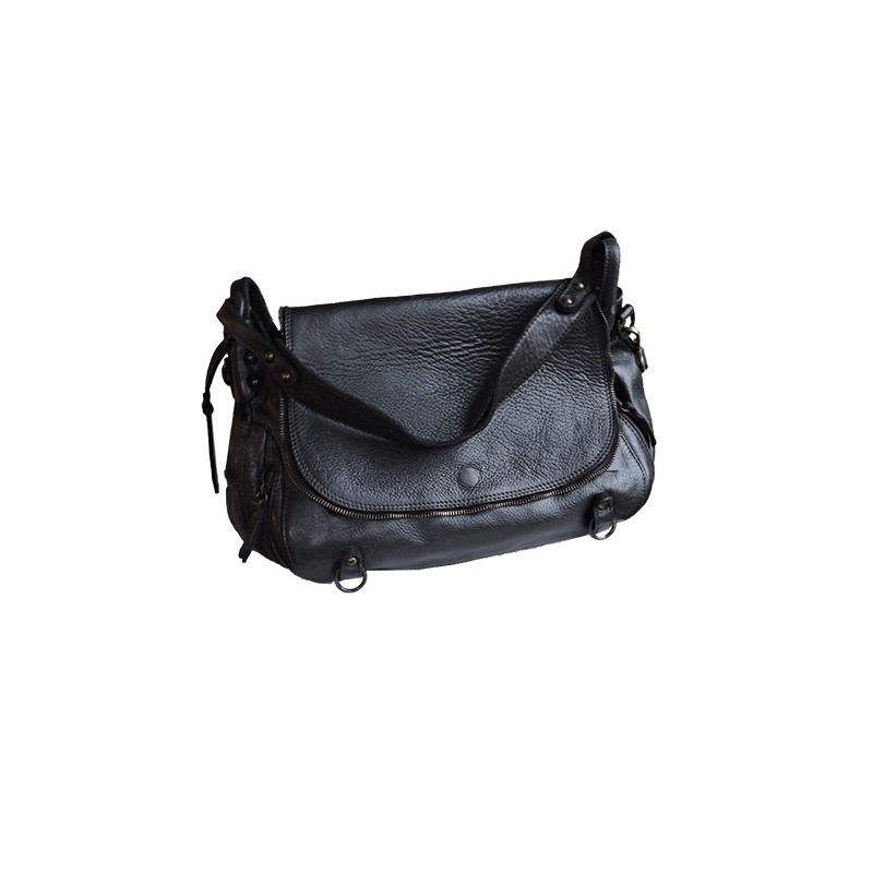 Large black leather satchel | Madame Framboise