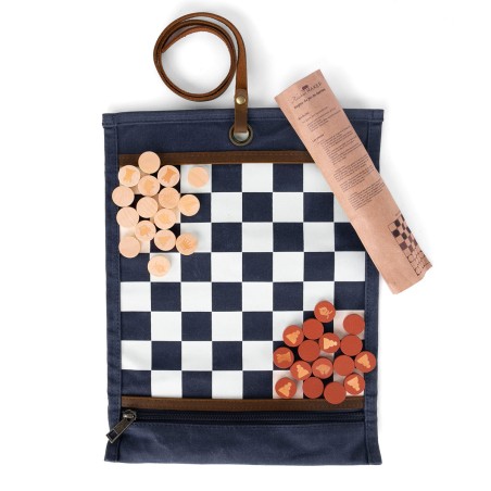 Jeu d'échecs & de dames de voyage - Toile waxée - Bleu marine