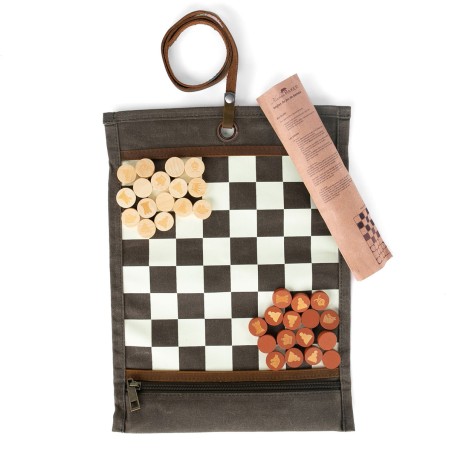 Jeu d'échecs & de dames de voyage - Toile waxée - Kaki