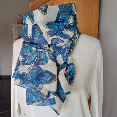 Foulard bleu100 % coton - Papillons - Madame Framboise