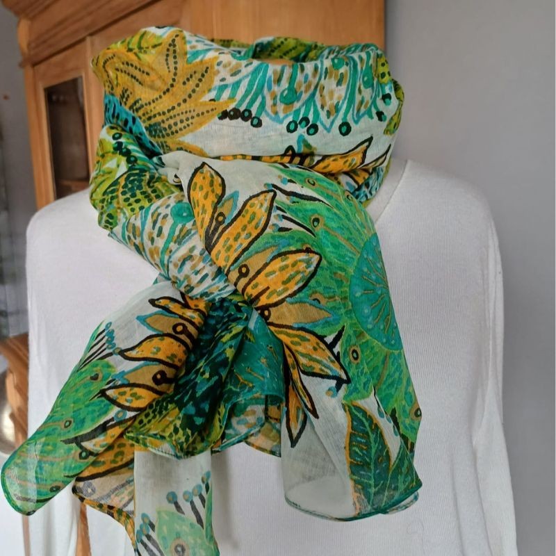Foulard turquoise et ocre 100 % coton - Fleurs - Madame Framboise