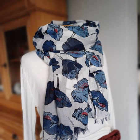 100% cotton blue scarf - Poppies - Madame Framboise