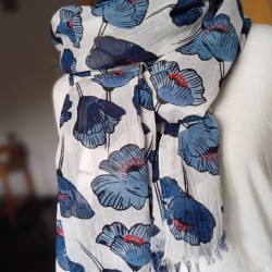 Foulard bleu 100 % coton - Coquelicots