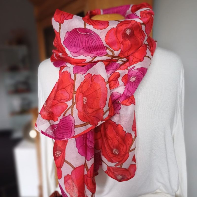 Foulard rouge et fuchsia 100 % viscose - Coquelicots - Madame Framboise