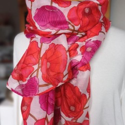 Red and fuchsia scarf, 100% viscose - Poppies