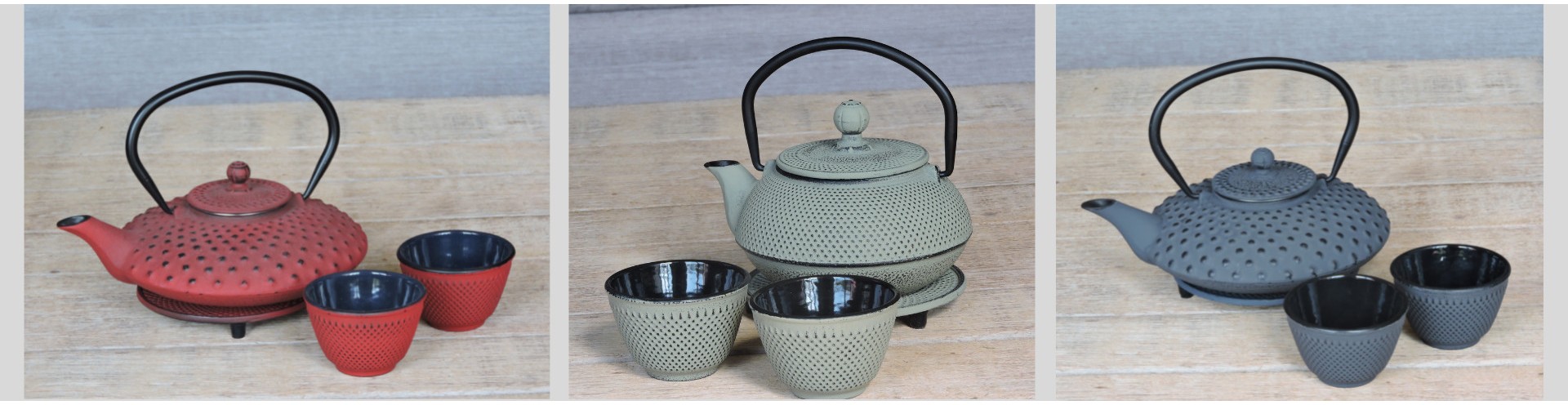 Cast iron and ceramic teapots. 
